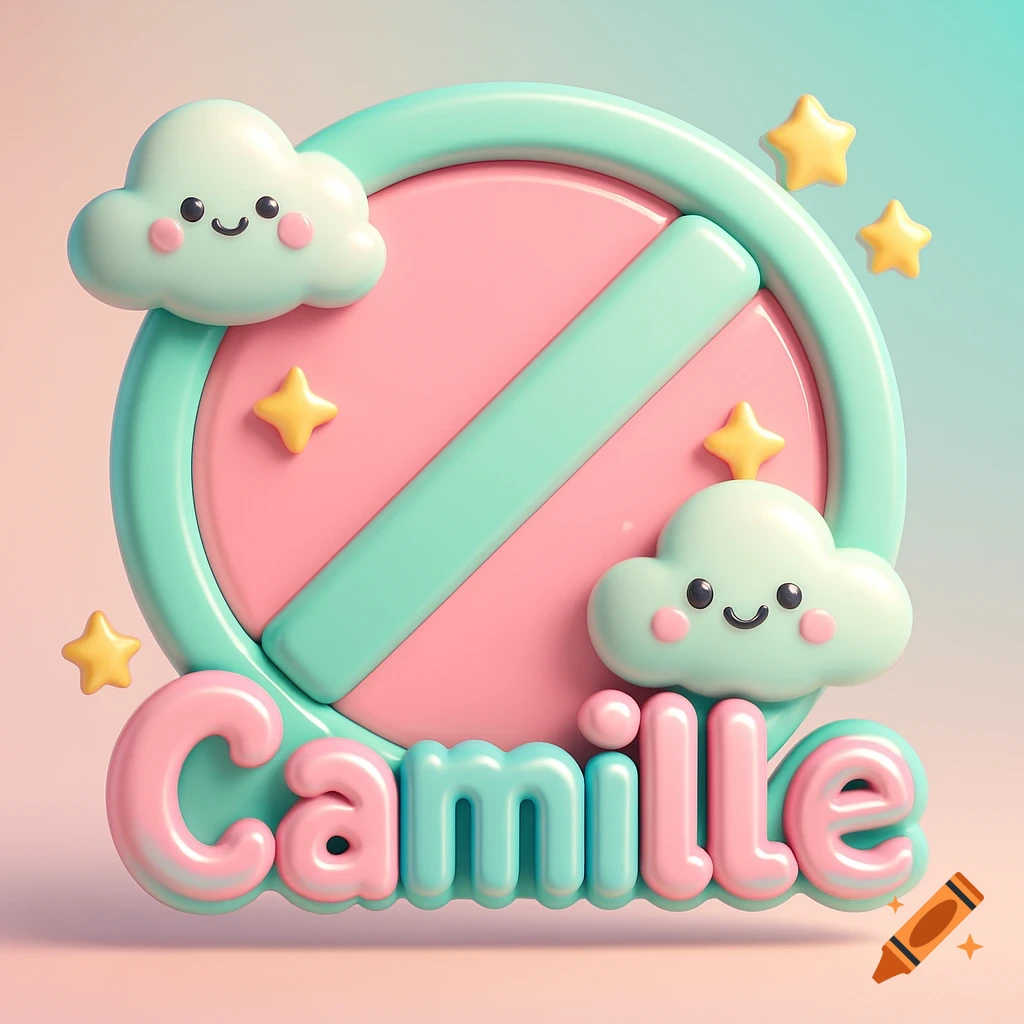 A cute 3D kawaii forbidden sign in pink and teal with smiling clouds, stars, and the name Camille.