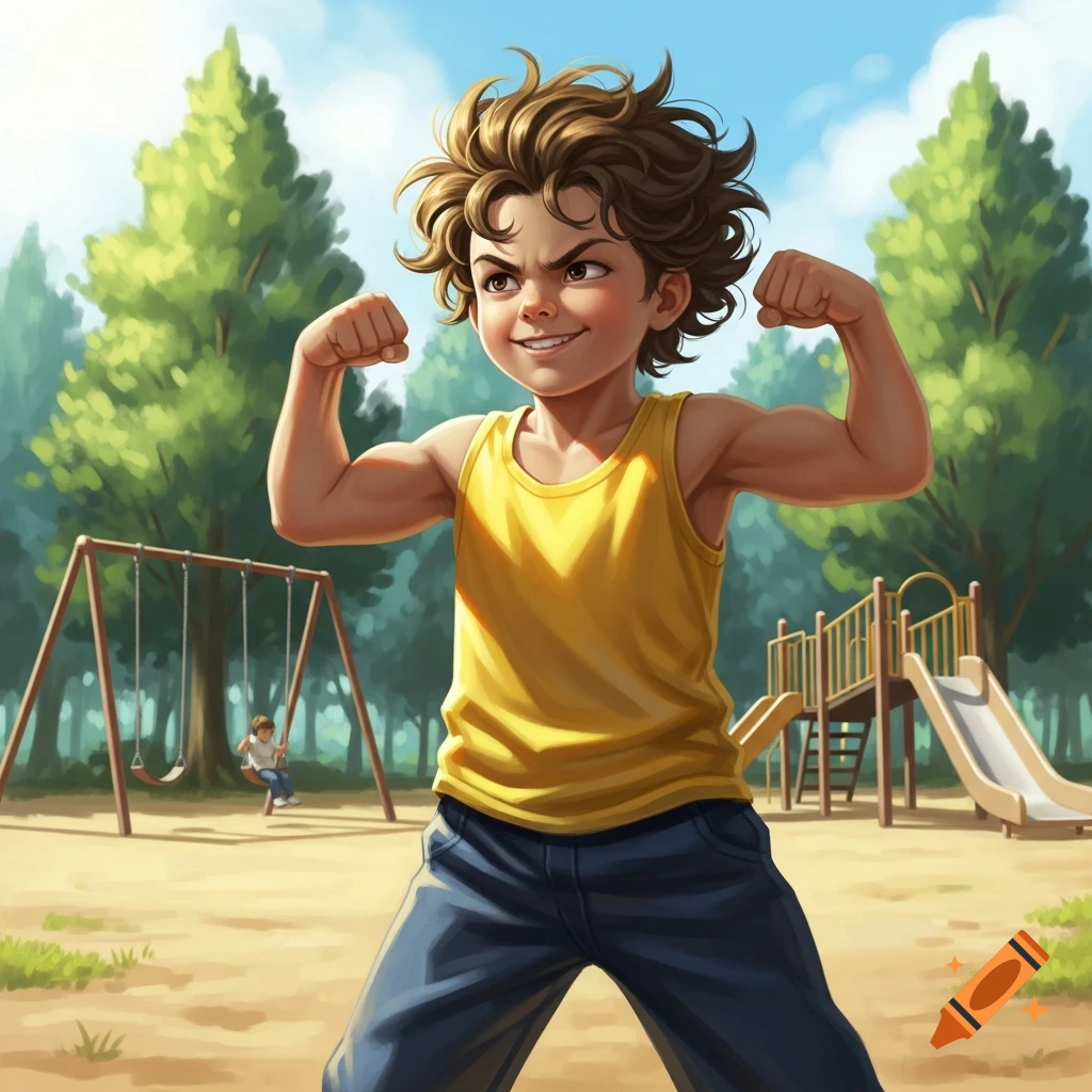 An illustrated boy in a yellow tank top and jeans flexes his muscles in a park playground, smiling confidently.