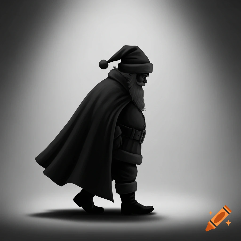 Monochromatic, stylized silhouette of Santa Claus, stooped and walking stealthily against a spotlighted background.