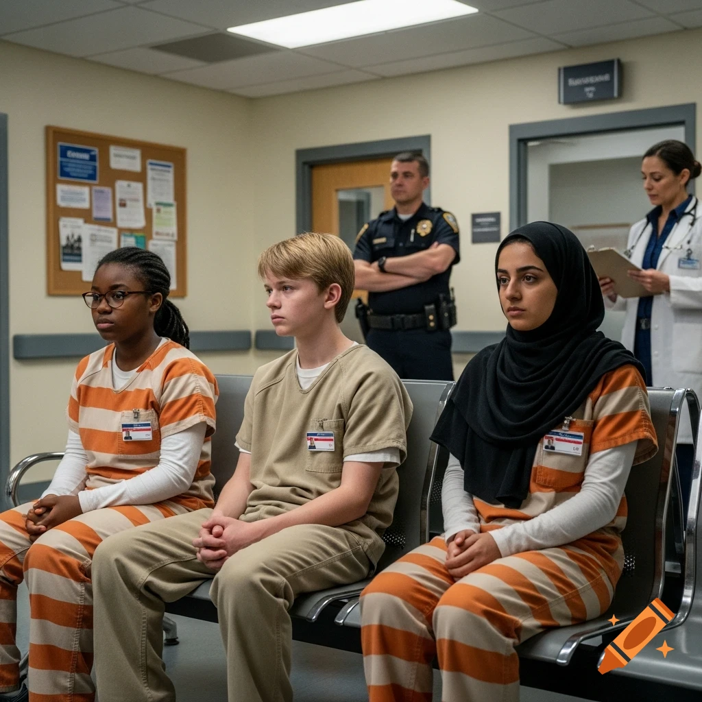 Three young inmates, a Black girl, a white boy, and an Arabic girl, in prison uniforms sit on a bench in a hospital waiting room, observed by a police officer and a female doctor.