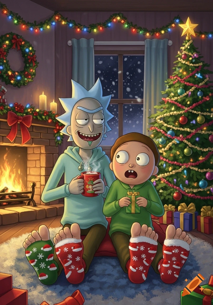 Rick and Morty wearing Christmas pajamas and toe socks, sitting by a fireplace with a decorated Christmas tree, as snow falls outside.
