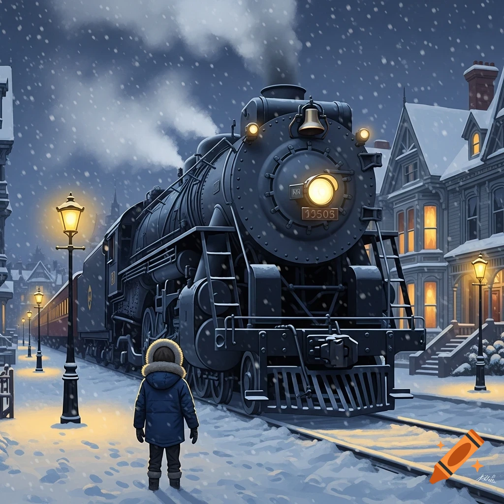 A boy in a winter coat stands in a snowy street, looking at a large steam train under falling snow at night.