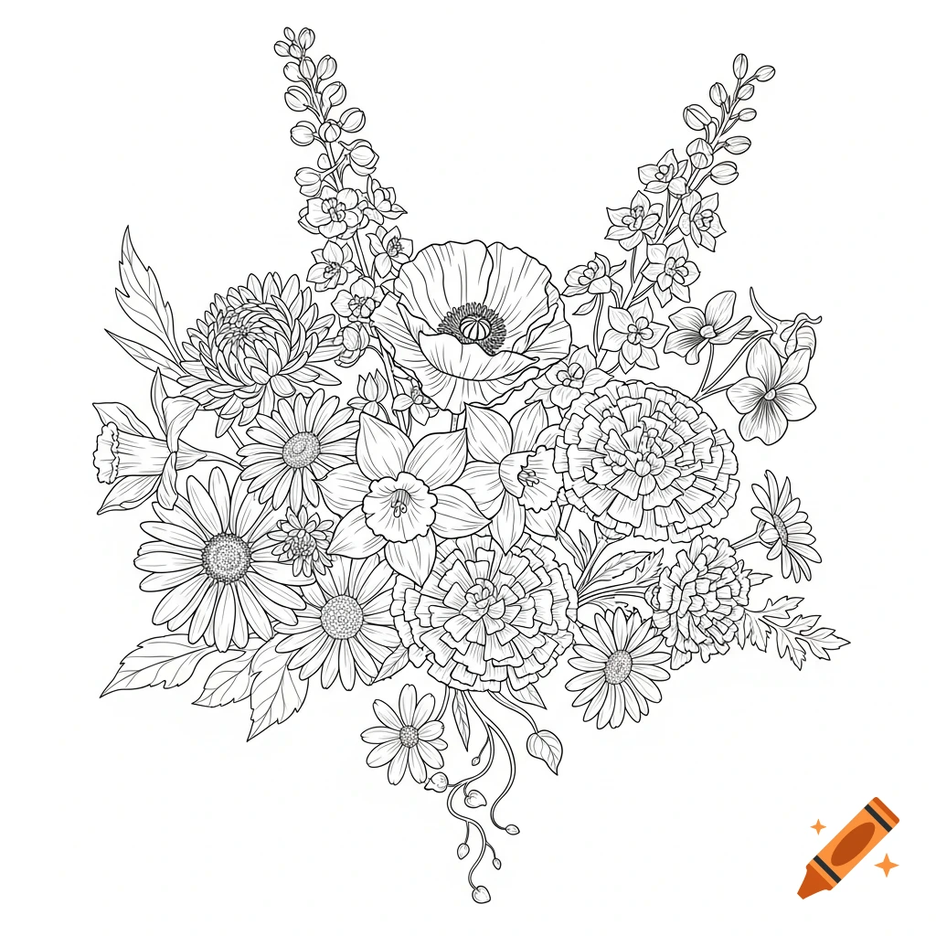 Detailed line drawing of a diverse flower bouquet, including poppies, daisies, narcissus, and larkspur, on a white background.