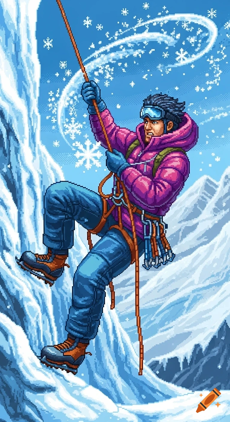 Pixel art of a man in a pink jacket and blue pants climbing an icy cliff, holding a rope, with snowflakes swirling.