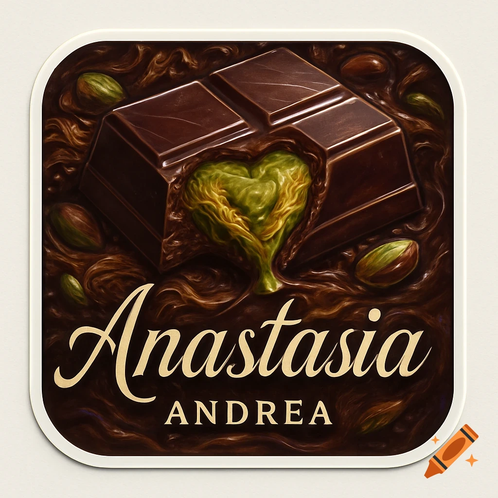 A premium logo sticker featuring a broken dark chocolate bar revealing a green pistachio kadaïf heart, surrounded by melted chocolate and pistachios. Text reads 'Anastasia Andrea'.