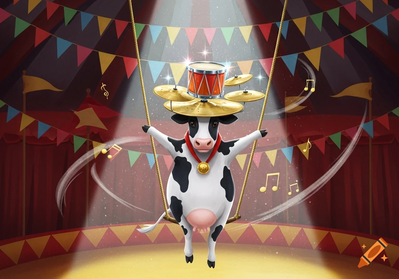 A cartoon cow wearing a drum and cymbals as a hat, performing on a trapeze in a colorful circus tent.