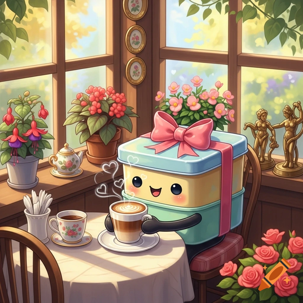 A cute, happy lunchbox character with a pink bow drinks a latte at a table in a sunlit room with potted plants, in an illustrative style.