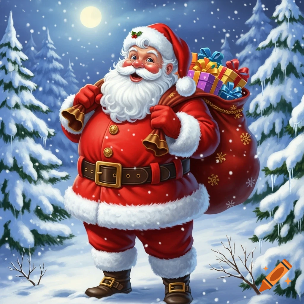 Jolly Santa Claus carrying a sack of gifts through a snowy forest under a full moon, with snow-covered pine trees.
