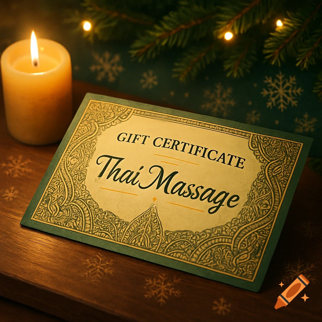 A gift certificate for a Thai Massage sits on a wooden surface next to a lit candle, with Christmas decorations in the background.