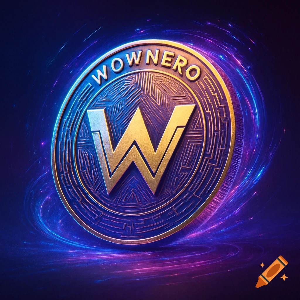 A metallic gold crypto coin with a prominent 'W' in the center and 'WOWNERO' inscribed above, set against a background of swirling blue and purple light trails.