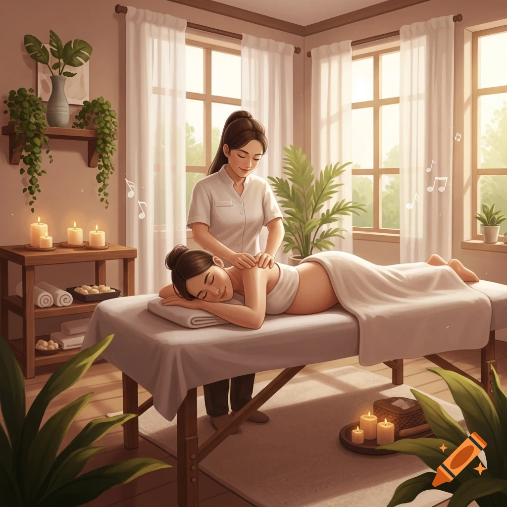 Illustrated scene of a massage therapist giving a back massage to a woman in a bright, serene spa room with plants, candles, and musical notes.