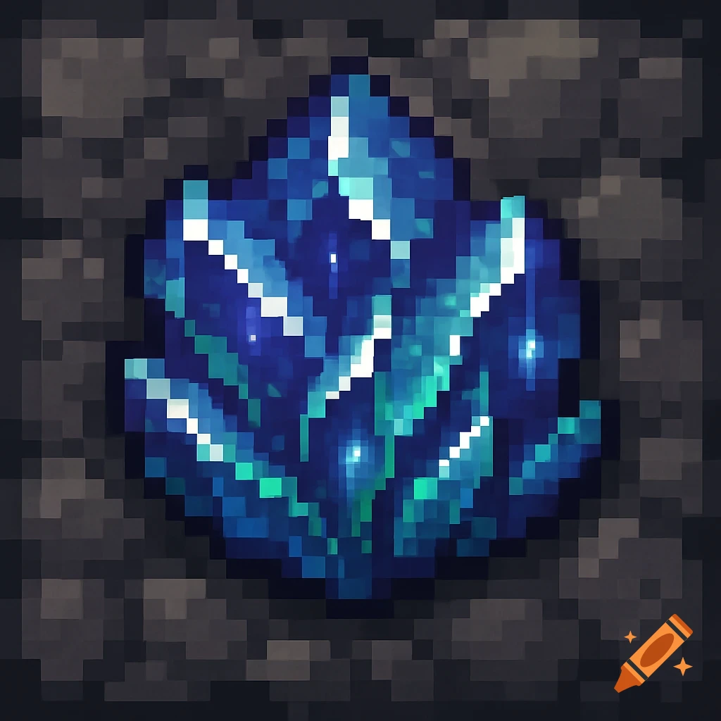 A vibrant blue and teal pixel art crystal, possibly an ore, against a dark pixelated background.