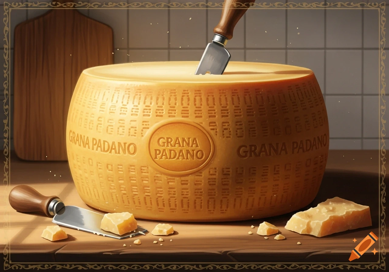 A large wheel of Grana Padano cheese with knives and crumbles on a wooden surface in a kitchen setting.