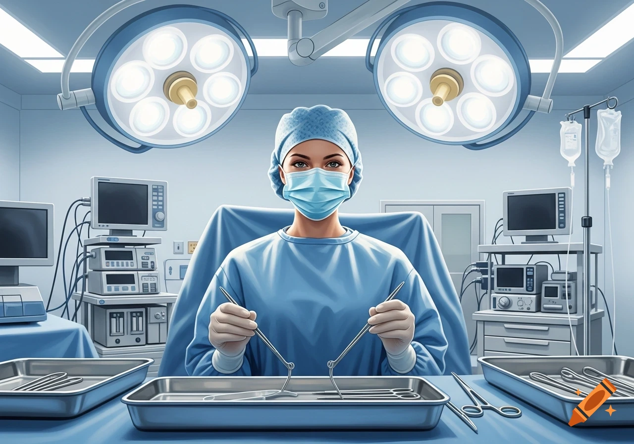 A surgical nurse in blue scrubs and mask holds instruments, standing in a brightly lit operating room with medical equipment.