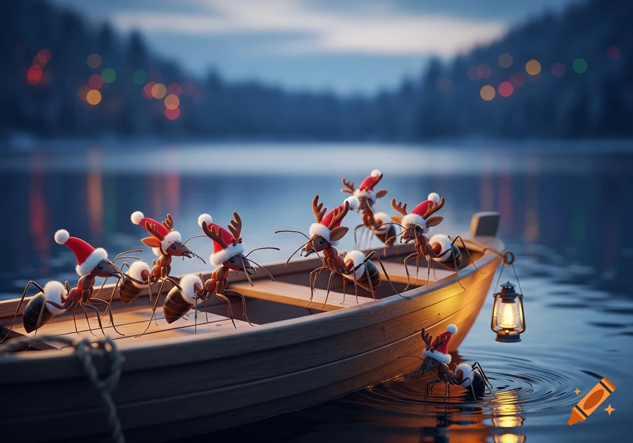 Many ants in Santa hats and reindeer antlers sit in a wooden rowboat on a dark lake with a glowing lantern.