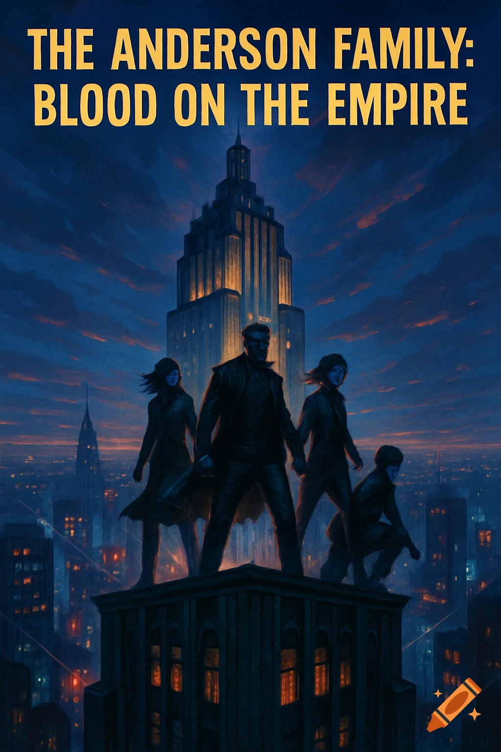 Movie poster for 'The Anderson Family: Blood on the Empire' depicting four figures on a skyscraper rooftop overlooking a city at dusk.