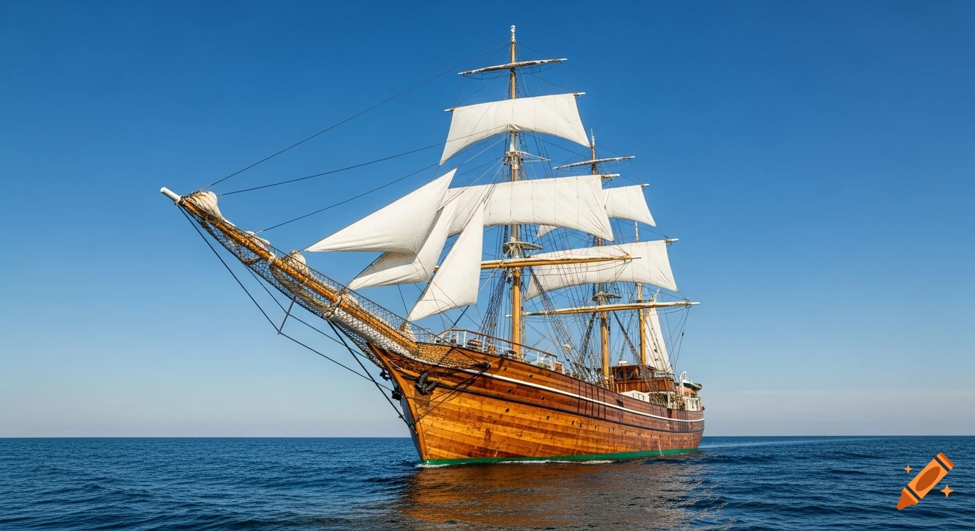 A traditional wooden sailing ship with white sails unfurled glides across a blue ocean under a clear sky.