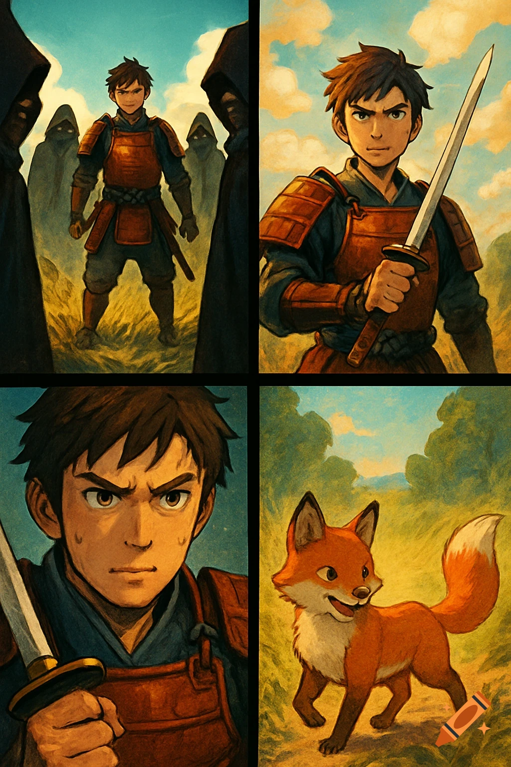 Four-panel anime comic: A samurai faces cloaked figures, shows determination and worry, then a cute fox is in a field.