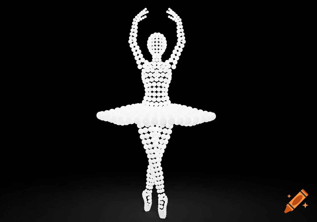 A white ballerina figure composed entirely of spheres, striking a pose with arms raised against a black background.