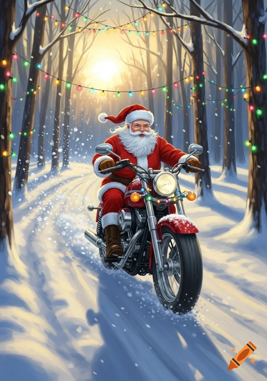 Santa Claus rides a red motorcycle through a snowy forest adorned with colorful Christmas lights, with the sun shining through the trees.