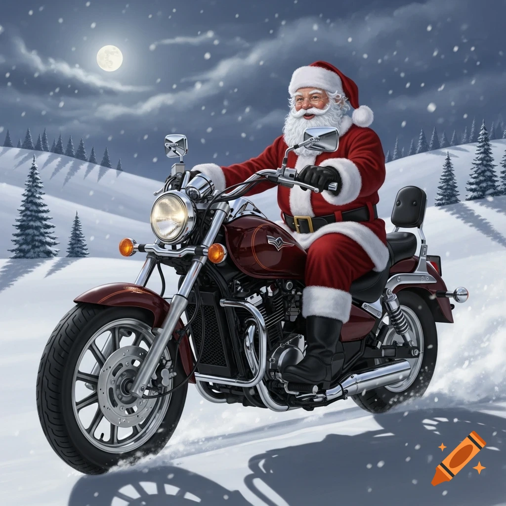 Santa Claus rides a maroon motorcycle through a snowy winter landscape at night under a full moon.
