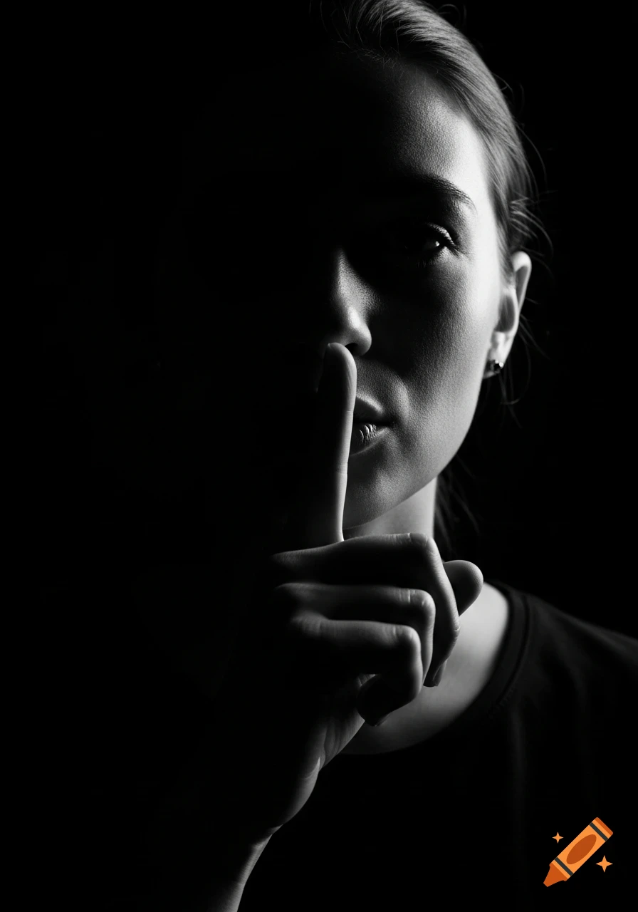 Black and white close-up portrait of a woman with her index finger pressed to her lips in a 'shhh' gesture, dramatically lit against a dark background.