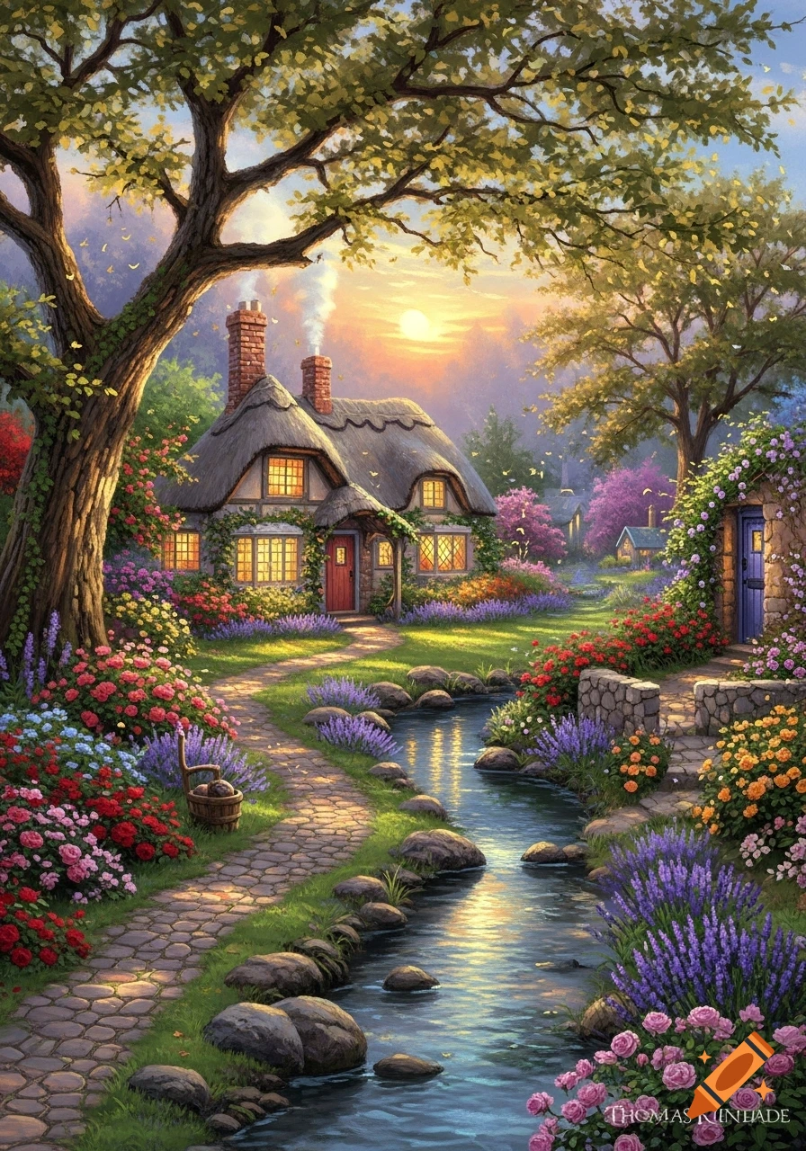 A vibrant fantasy landscape painting of a cozy thatched-roof cottage nestled in a lush flower garden with a winding stream at sunset.