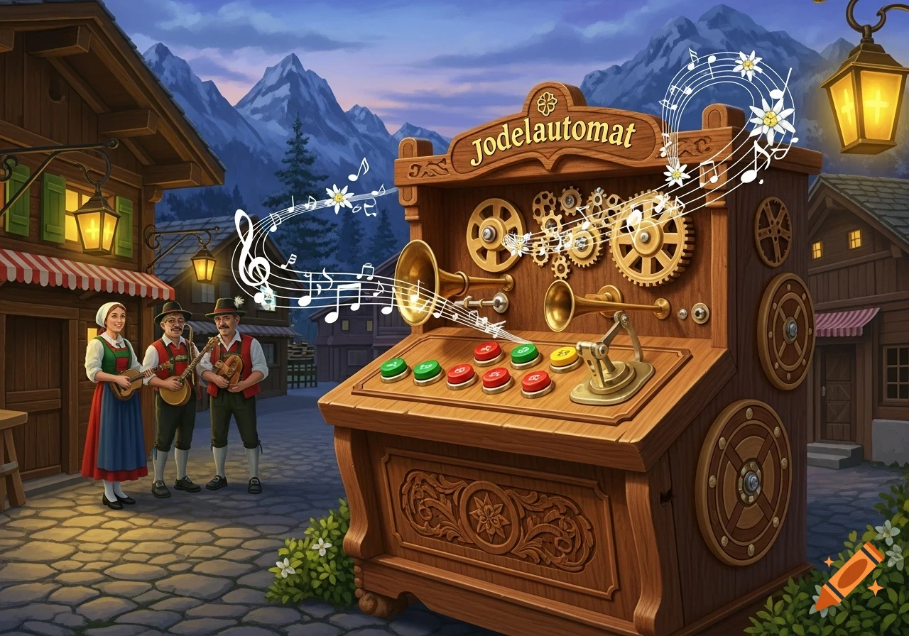 Illustration of three musicians in traditional alpine attire playing instruments next to a whimsical wooden 'Jodelautomat' machine in a charming mountain village at dusk.