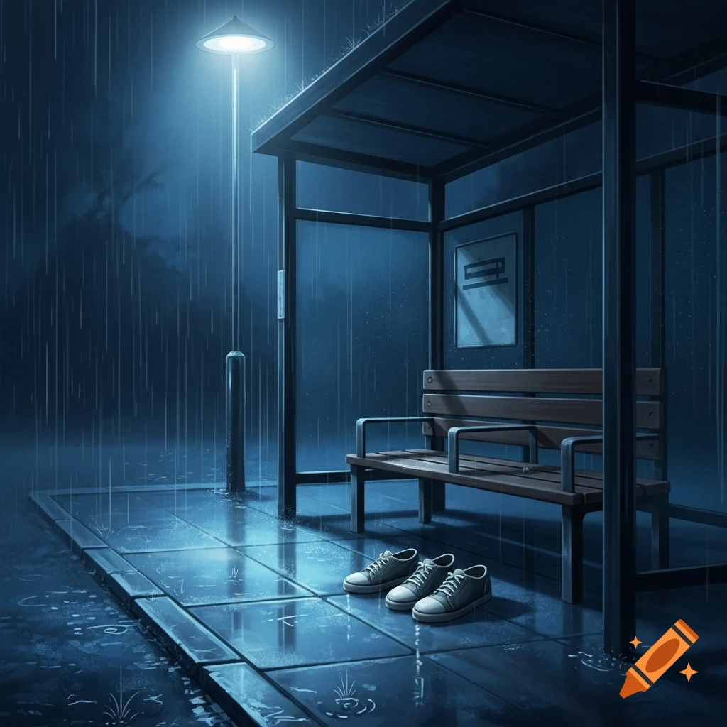 An empty bus stop at night in the pouring rain, with a pair of shoes beneath the bench, illuminated by a street lamp. Digital painting.