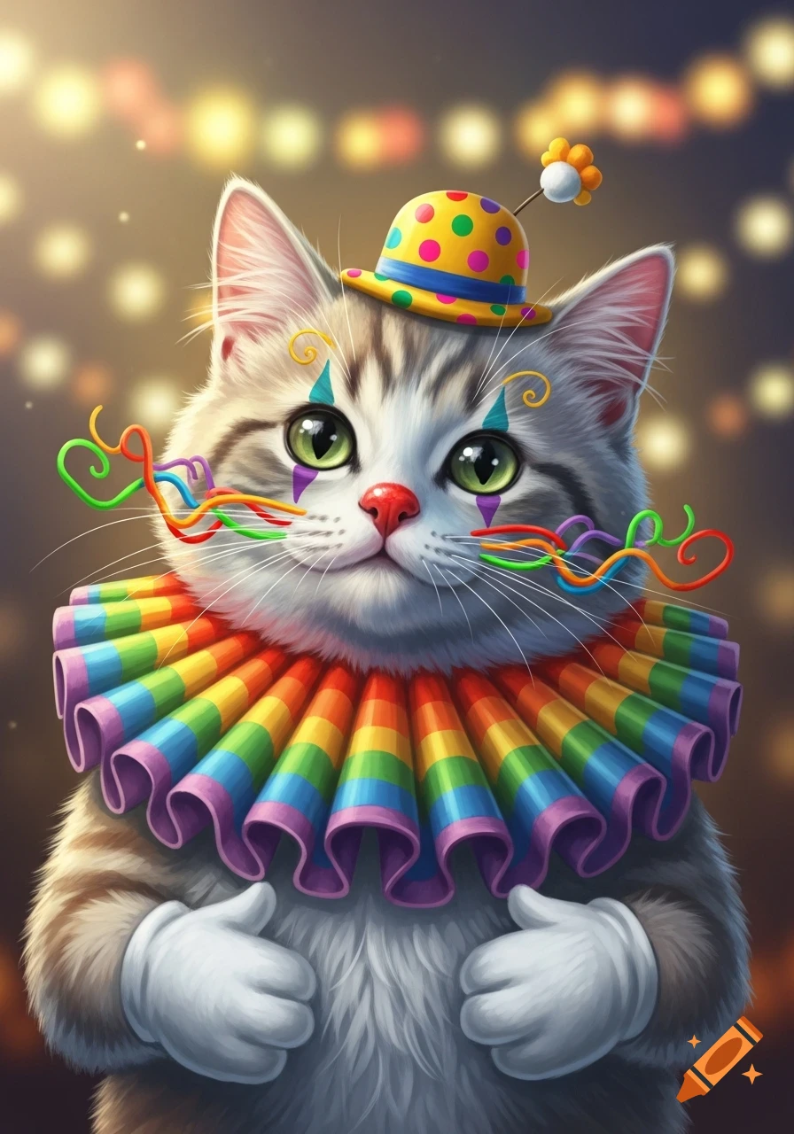 Cute illustrated cat dressed as a clown with a rainbow ruff, polka dot hat, and colorful face paint, against blurred background lights.