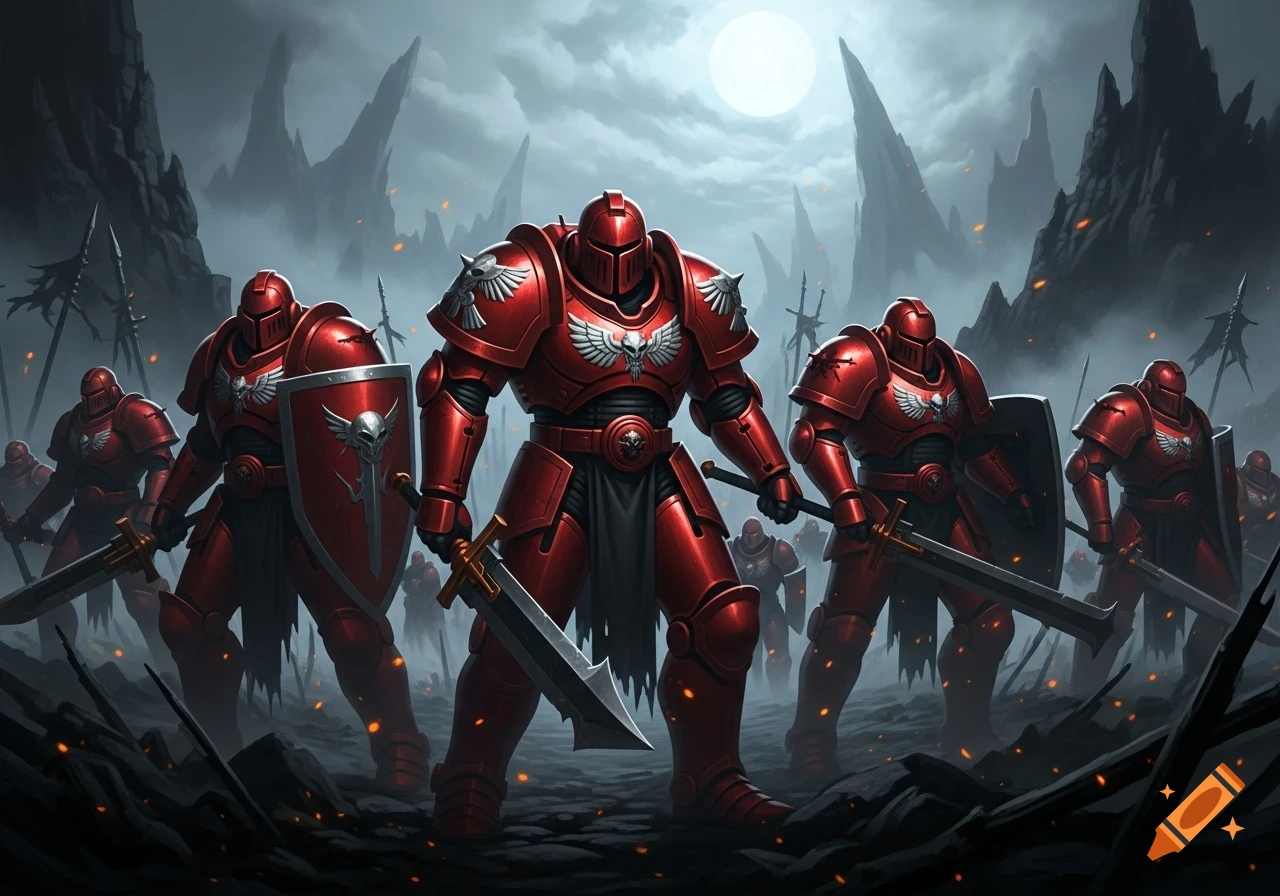 Red armored warriors stand with swords and shields in a dark, misty, rocky landscape under a full moon.