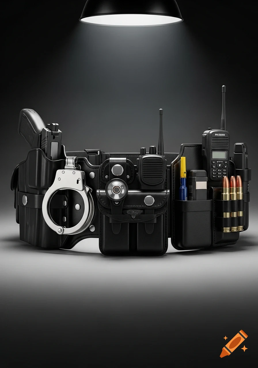 A black police duty belt with a handgun, handcuffs, two radios, and ammunition, lit by a spotlight against a dark background.