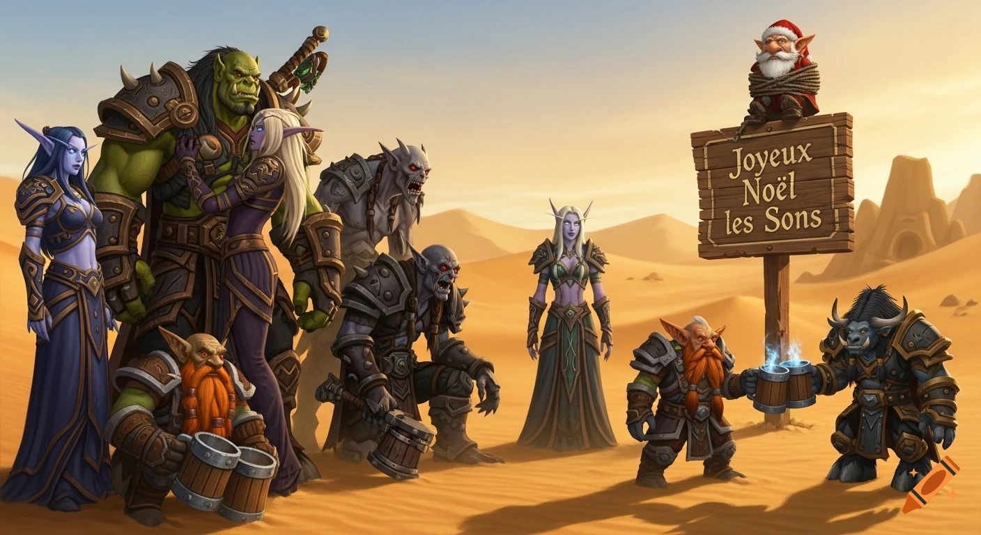 World of Warcraft characters in a desert, with a Santa gnome tied to a sign that reads 'Joyeux No el les Sons'.