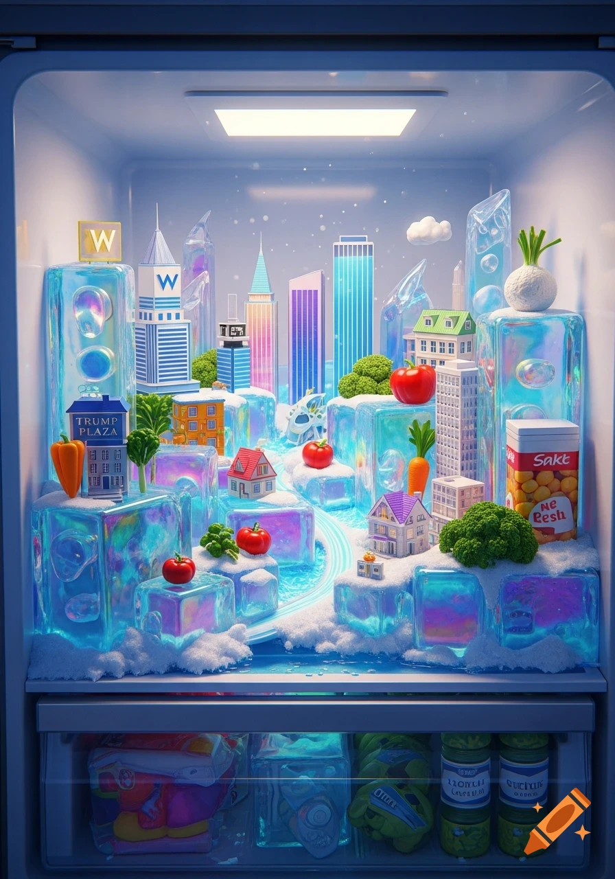 A miniature cityscape inside a refrigerator, featuring buildings, tiny houses, ice blocks, and some vegetables, with light blue and purple hues.