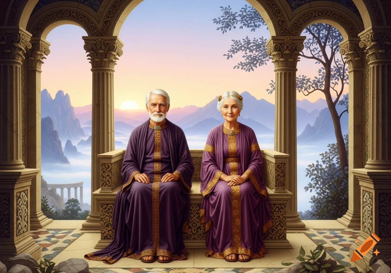 Elderly man and woman in purple robes sit under an arched portico overlooking a mountainous, misty sunrise landscape, in a Maxfield Parrish-like style.