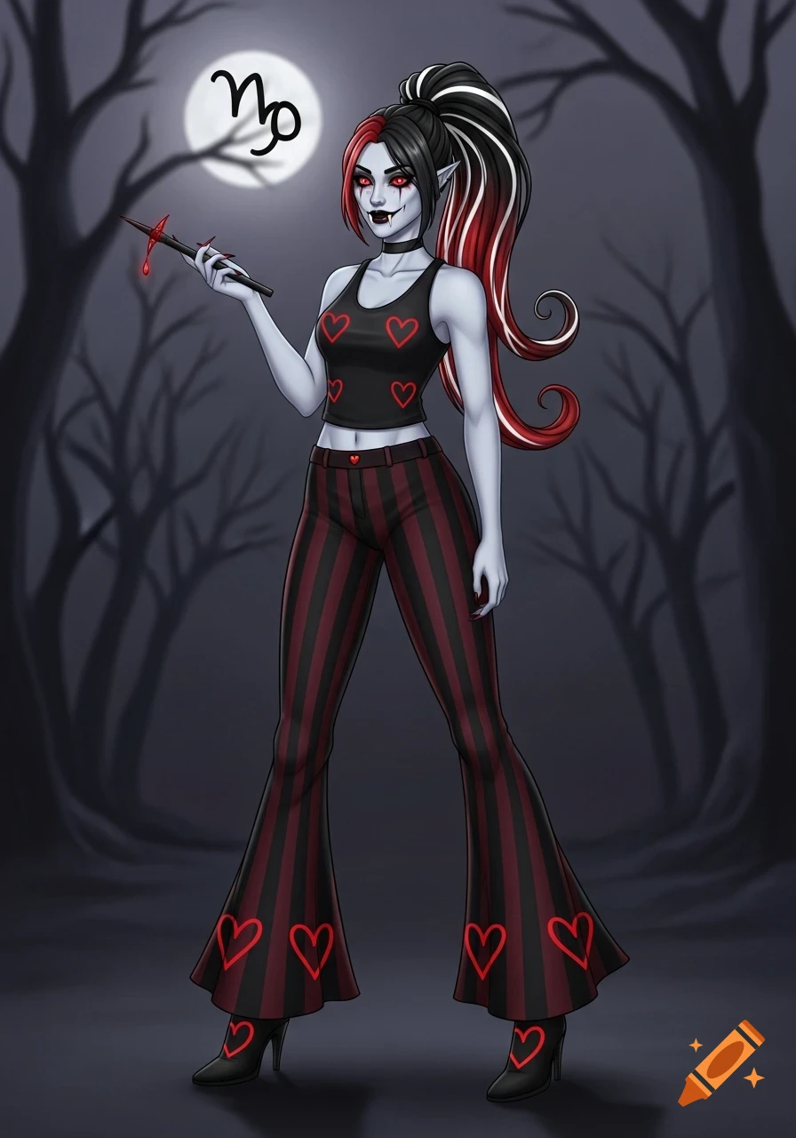 A stylized grey-skinned female character with red and black hair in a ponytail, fangs, and red eyes. She wears a black crop top with red hearts, red and black striped bell-bottoms, and holds a bloody wand. A Capricorn symbol is on the full moon in the dark, spooky background.