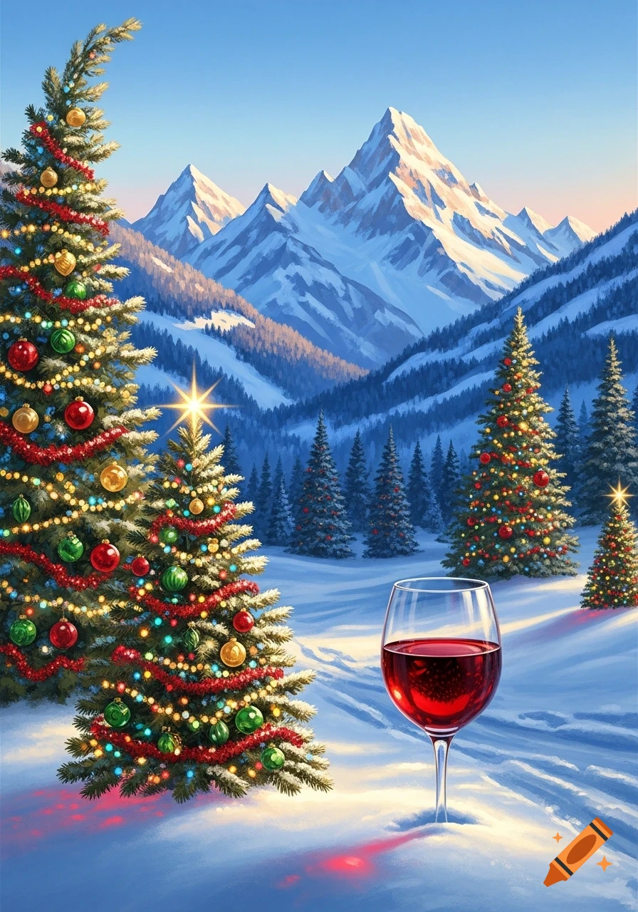 Digital painting of a snowy mountain landscape with decorated Christmas trees and a glass of red wine in the foreground.