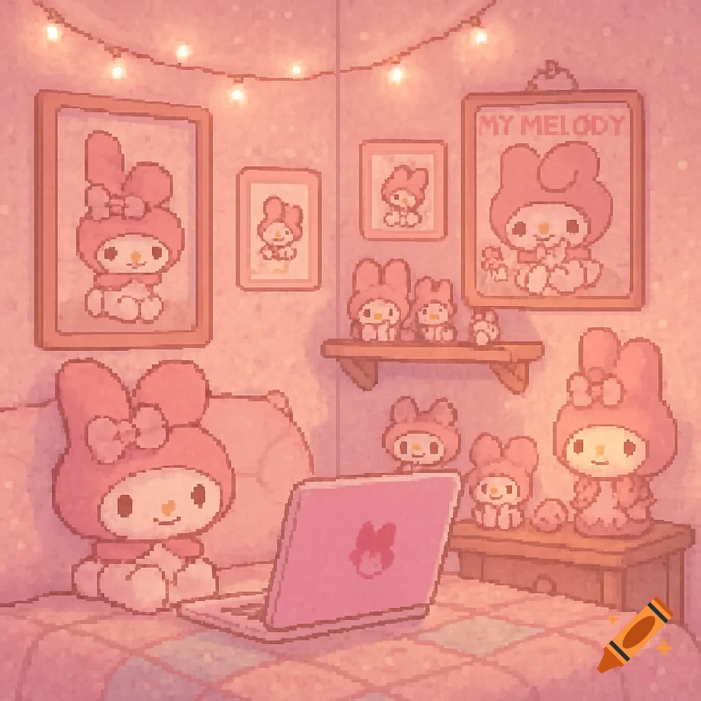 A pixel art room with pink walls and string lights, filled with My Melody merchandise. A plush My Melody sits on a bed with a pink laptop.