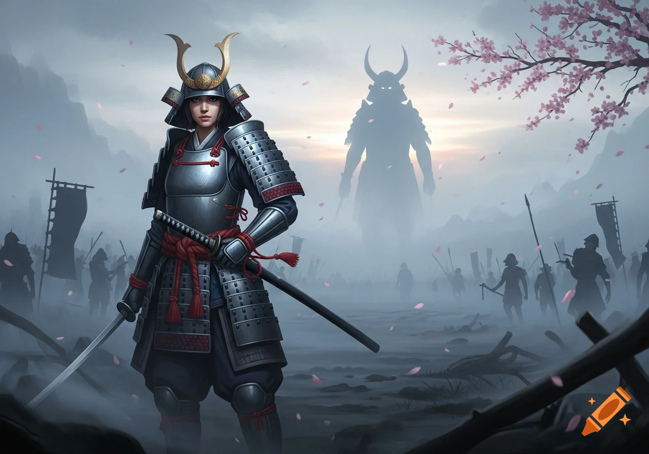 A female samurai in ornate armor stands on a foggy battlefield with a giant shadowy warrior and falling cherry blossoms.