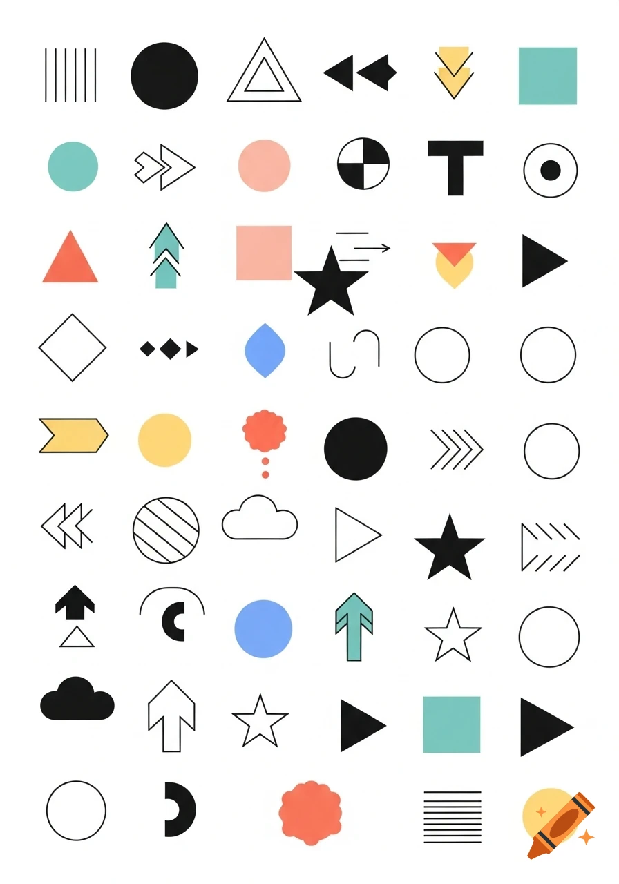 A grid of diverse geometric and abstract icons in black, white, and pastel colors, including circles, squares, triangles, stars, arrows, and clouds.