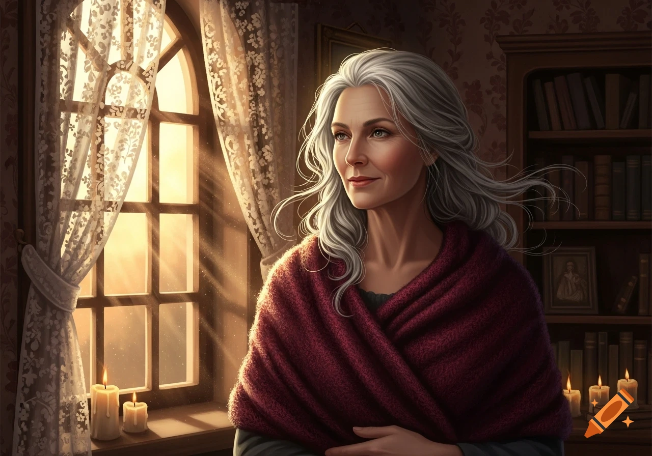 A serene older woman with gray hair and a red shawl looks out a sunlit window with lace curtains in a detailed room.