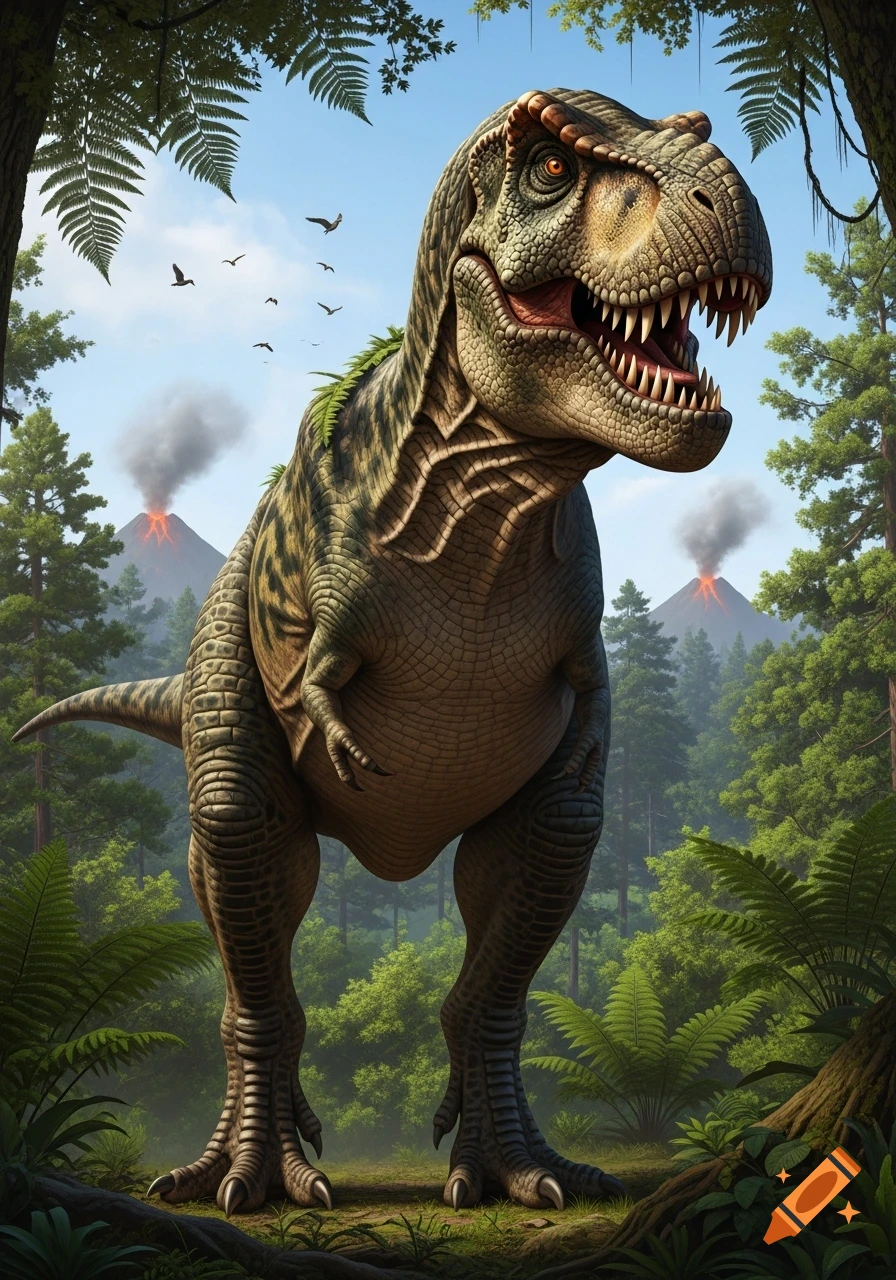 A large, realistic T-Rex stands in a lush prehistoric jungle with erupting volcanoes in the background.