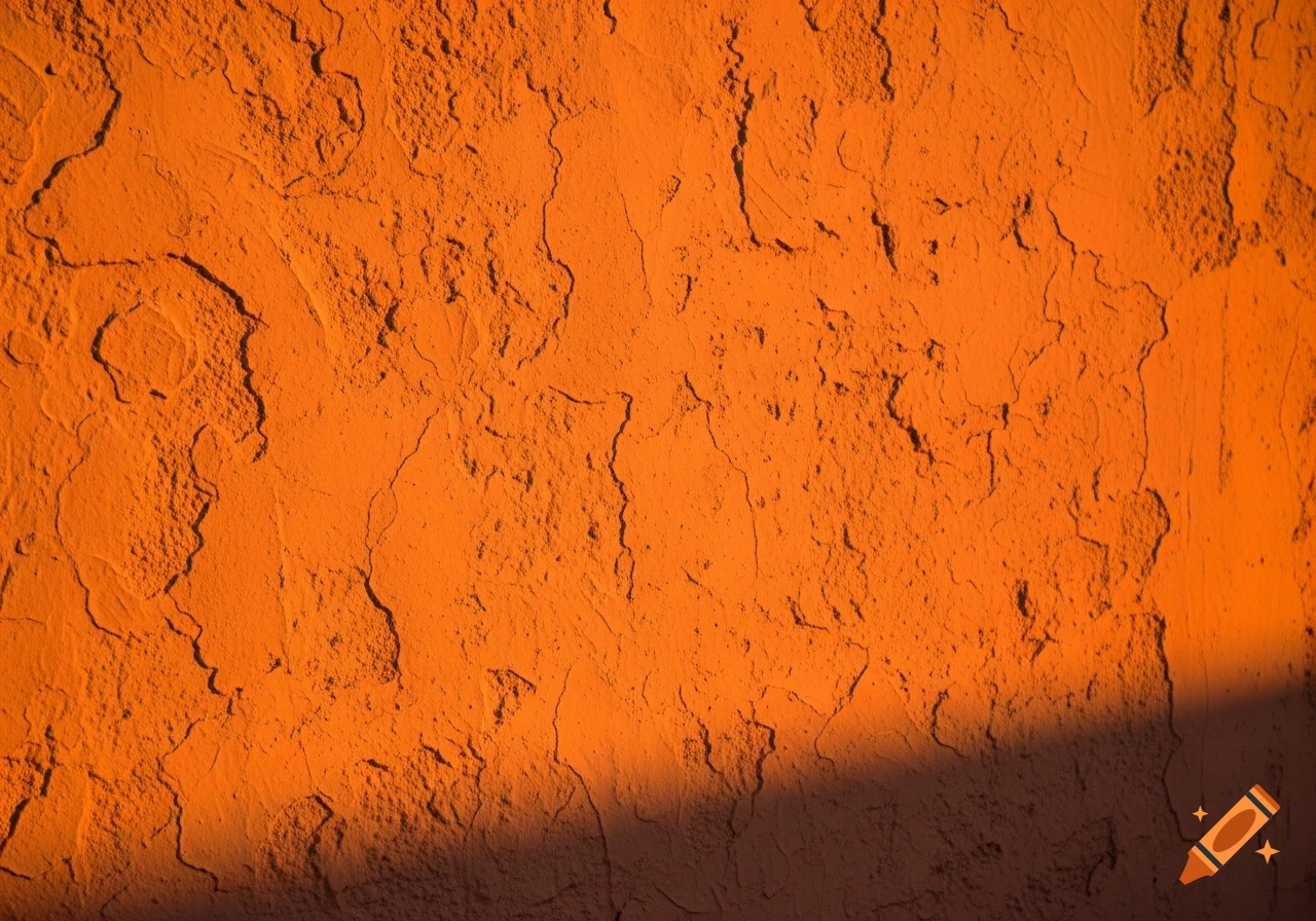 Vibrant orange textured wall with long shadows, evoking a warm sunset in an impressionistic style.