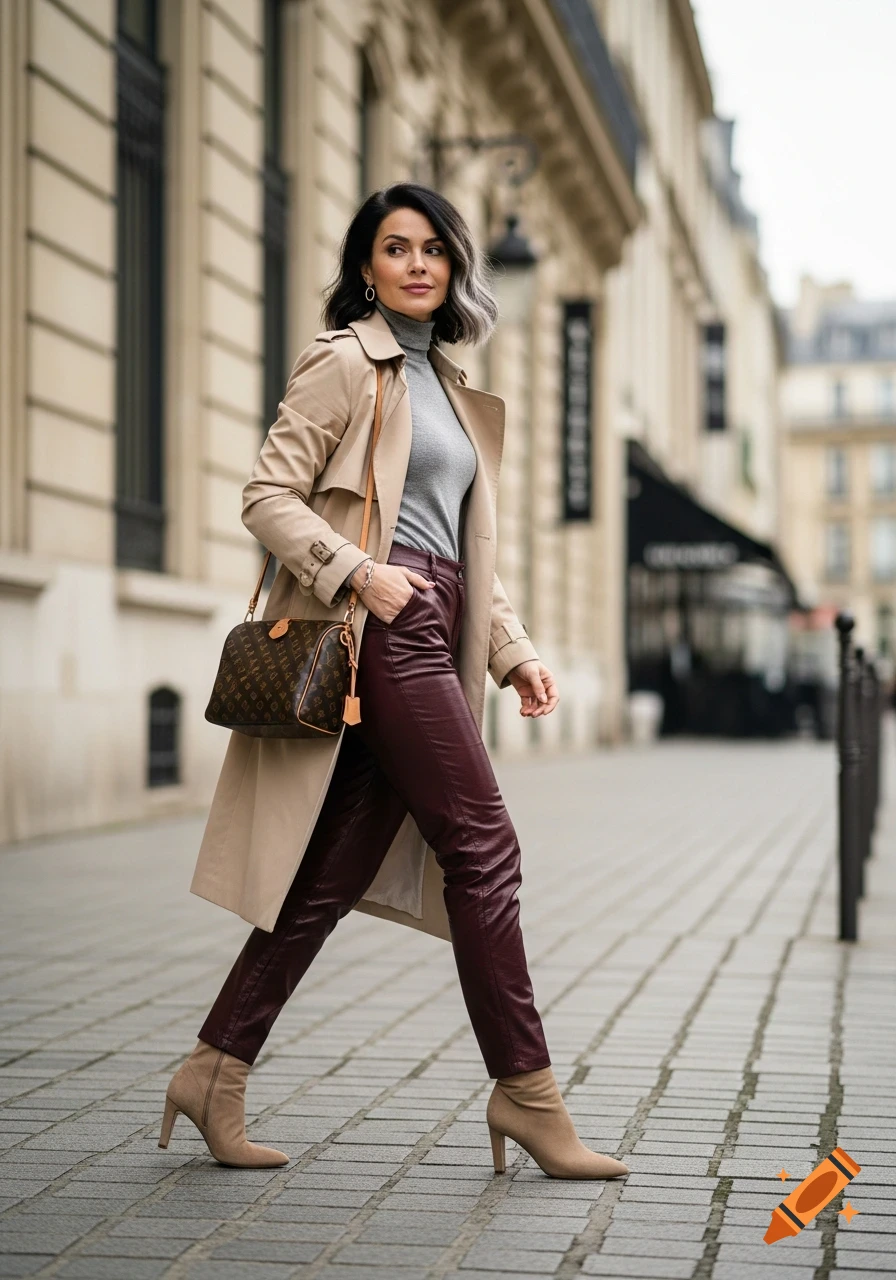 A woman with a beige trench coat, grey turtleneck, and burgundy leather pants walks on a Paris street with a Louis Vuitton bag.