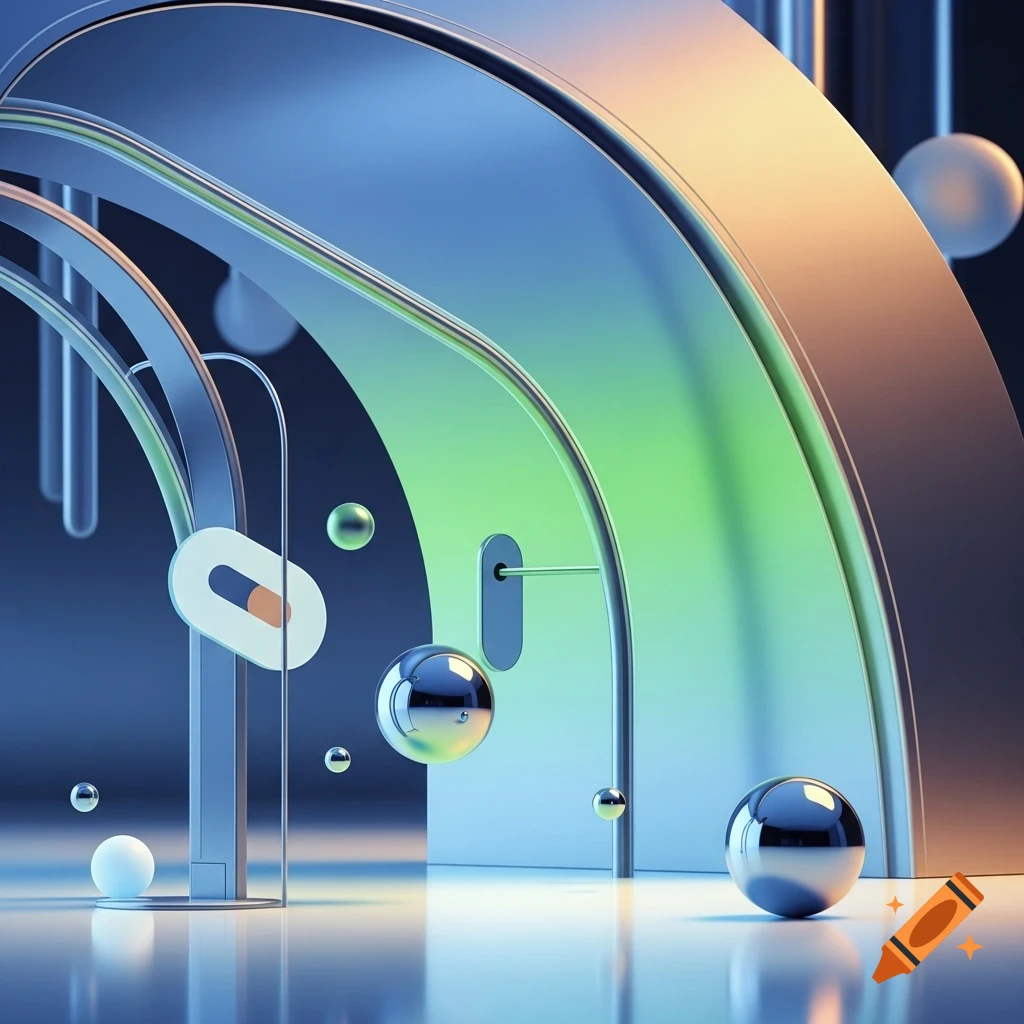 Abstract 3D rendering with glossy metallic and translucent arched shapes, spheres, and capsule-like forms, reflecting blue and green light.