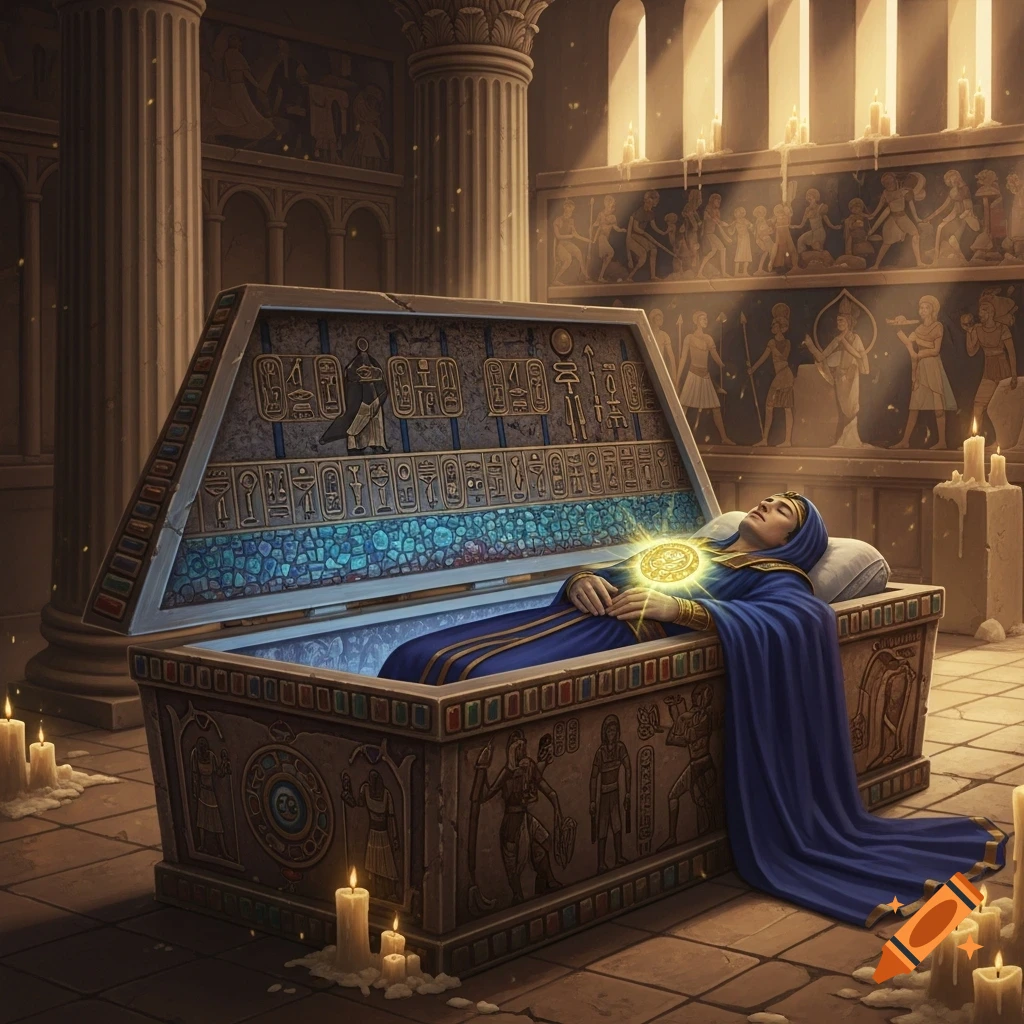 A man in a blue tunic lies in an ornate sarcophagus, holding a glowing golden amulet, surrounded by candles in an ancient temple.