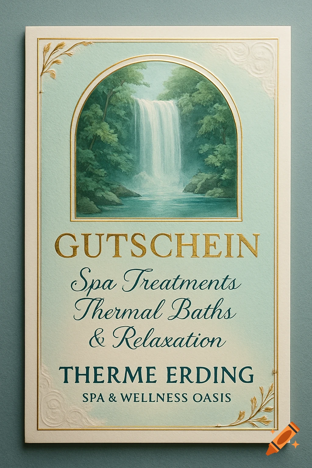 Elegant gift certificate for Therme Erding spa, featuring a serene waterfall illustration framed in gold, with decorative gold accents.
