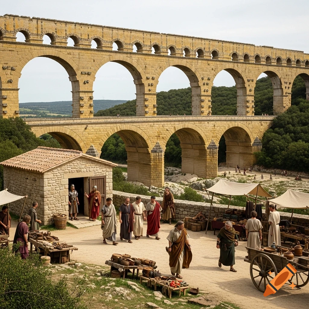 Ancient Roman market scene at the foot of the Pont du Gard aqueduct, with people in period attire buying and selling goods.