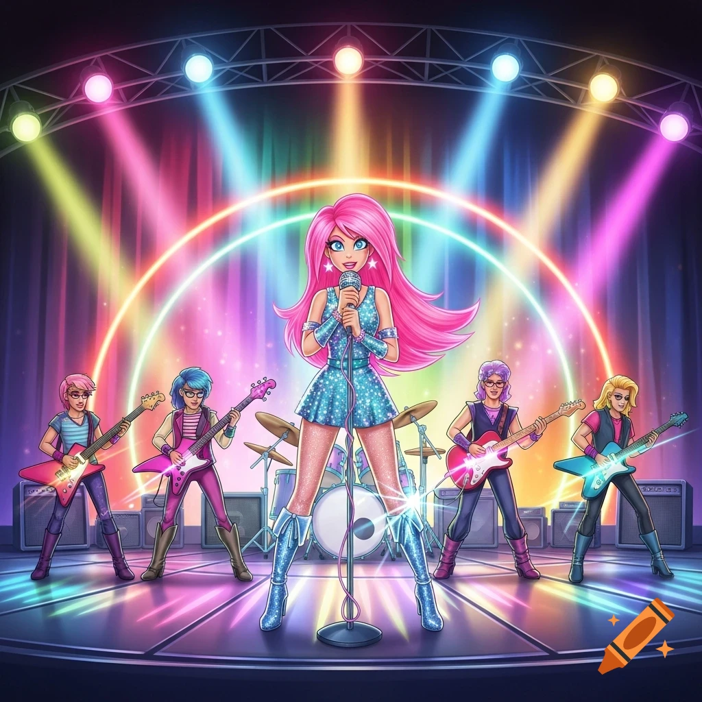 A vibrant cartoon band with a pink-haired lead singer and four guitarists performs on a brightly lit stage.