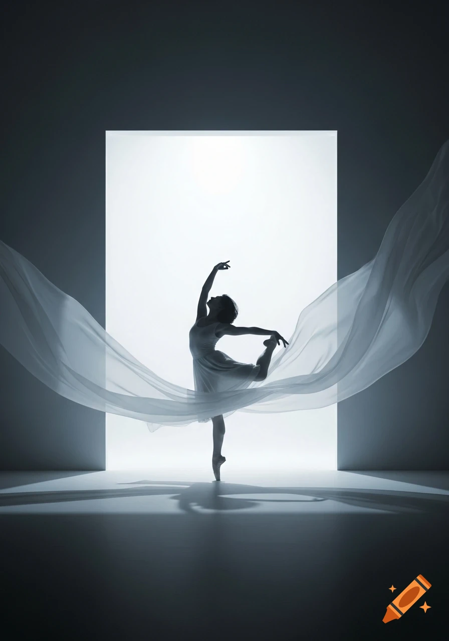 A ballerina in silhouette dances gracefully with flowing fabric against a bright rectangular light.